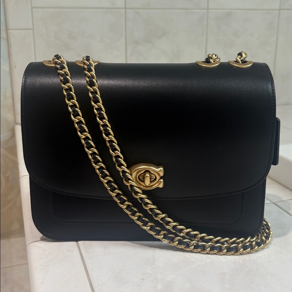 Coach Black Flap-over Shoulder Bag with Gold Chain. Style #M2257-5211